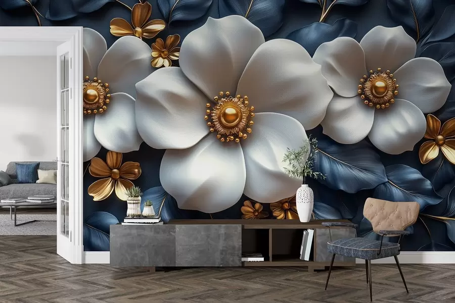 murales de pared Grandes flores blancas sobre un elegante fondo azul con hojas w08559