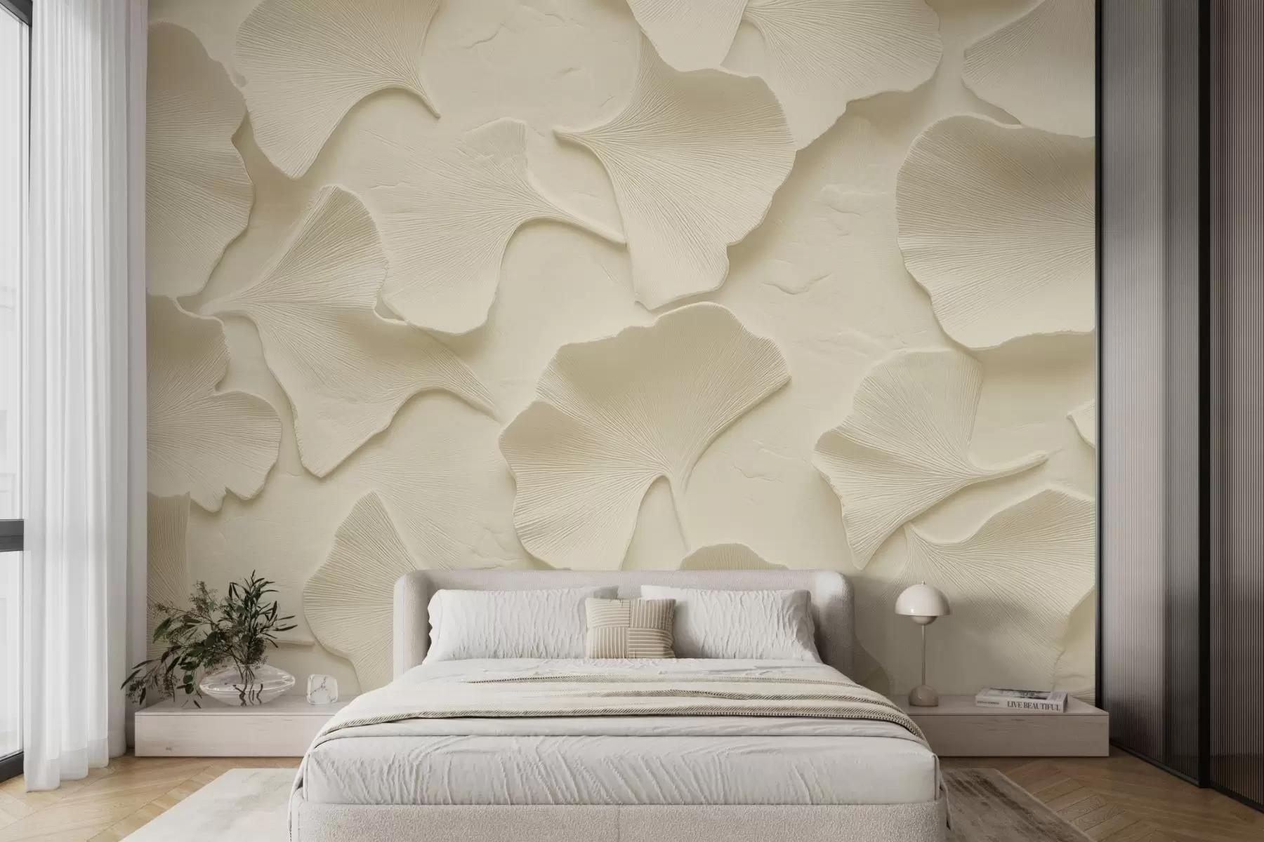 murales de pared Estuco con delicado relieve de hojas de ginkgo sobre fondo beige suave w08560