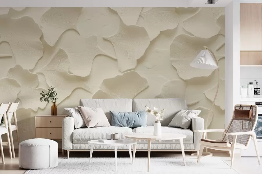 murales de pared Estuco con delicado relieve de hojas de ginkgo sobre fondo beige suave w08560