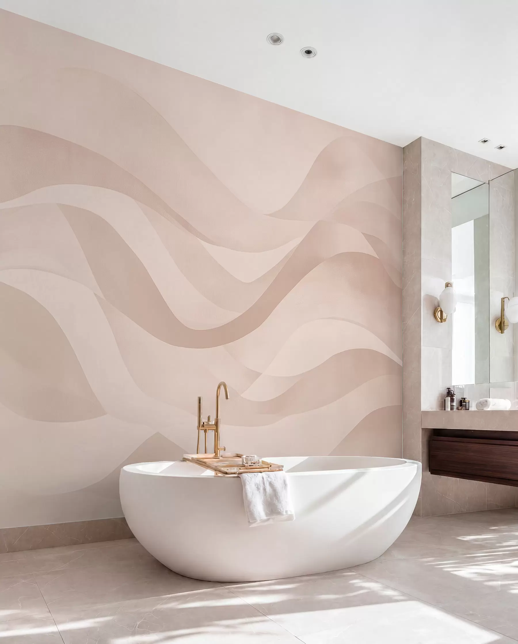 murales de pared Suaves ondas en suaves tonos beige en estilo acuarela w08564