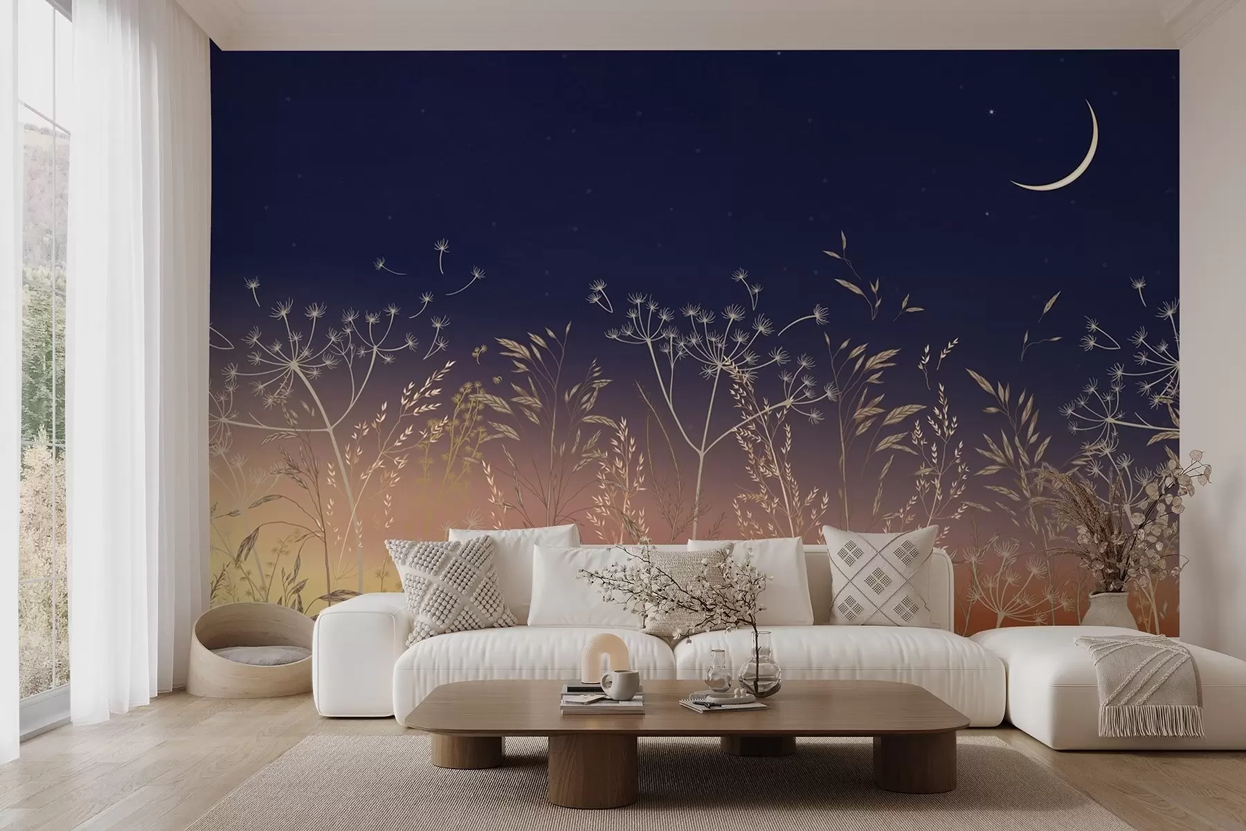 murales de pared Dientes de león con flores silvestres sobre un fondo de puesta de sol con un cielo azul y la luna w08567