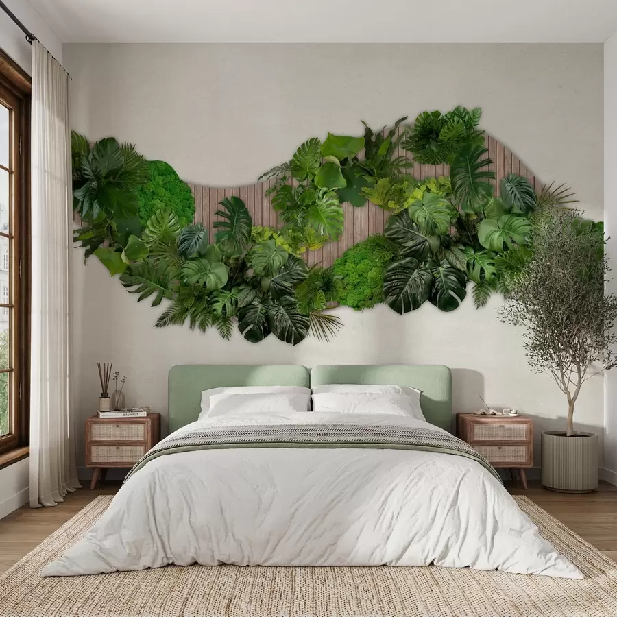 murales de pared Panel floral con hojas de palmera, musgo y fondo de madera w02717