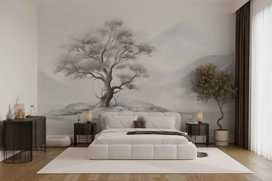 murales de pared Dibujo minimalista de un árbol solitario y retorcido en un paisaje desolado y rocoso con montañas al fondo w08604