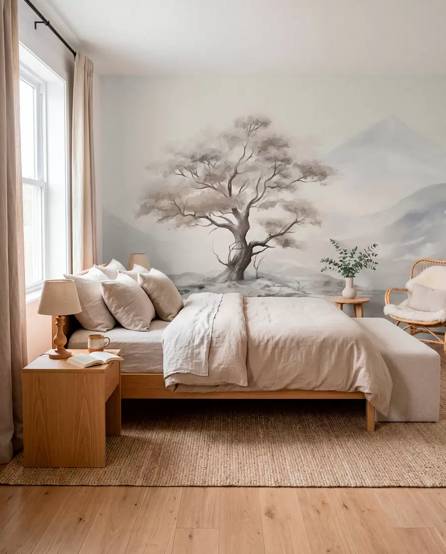 murales de pared Dibujo minimalista de un árbol solitario y retorcido en un paisaje desolado y rocoso con montañas al fondo w08604