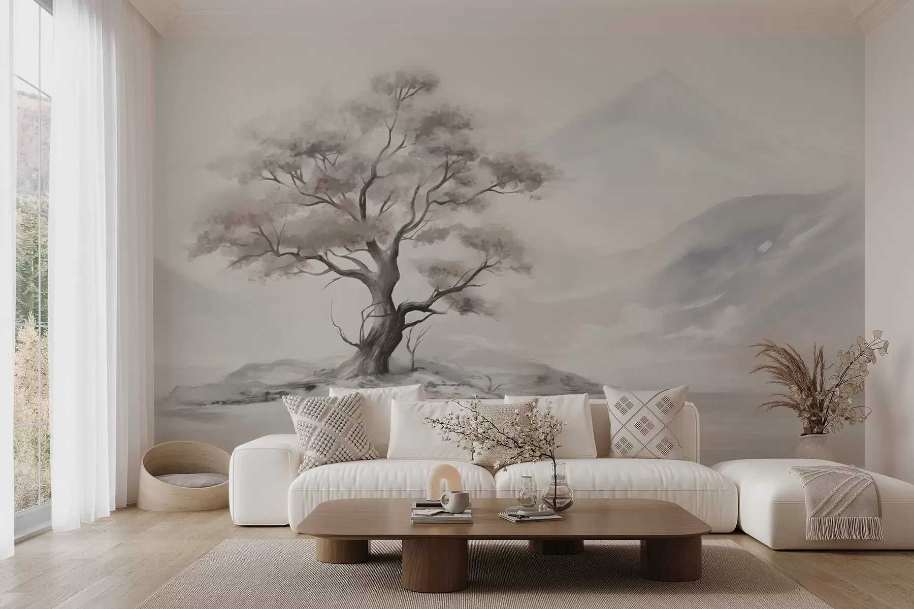 murales de pared Dibujo minimalista de un árbol solitario y retorcido en un paisaje desolado y rocoso con montañas al fondo w08604