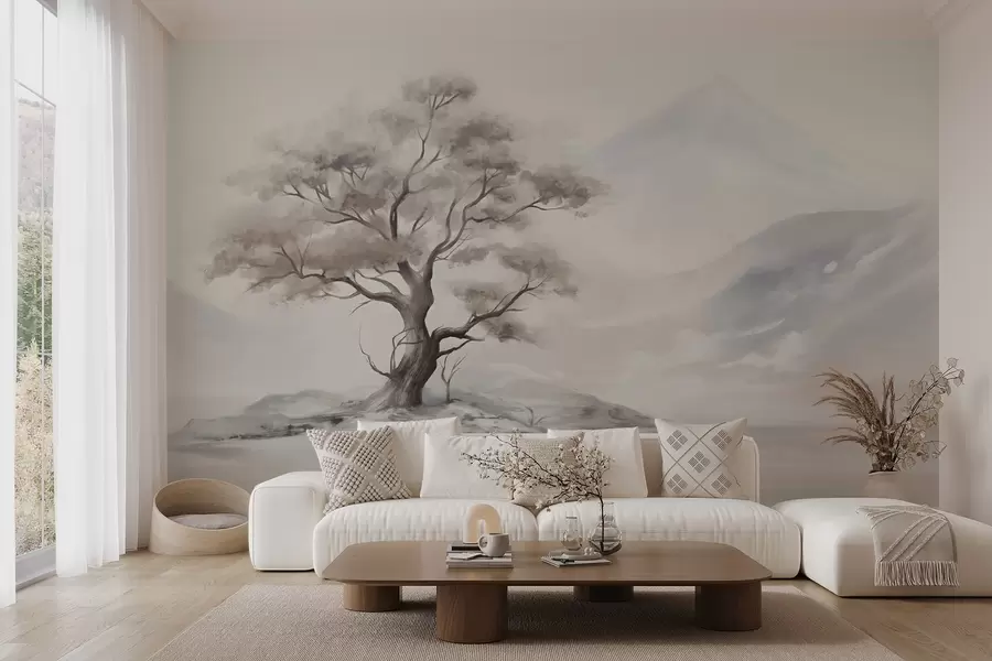 murales de pared Dibujo minimalista de un árbol solitario y retorcido en un paisaje desolado y rocoso con montañas al fondo w08604