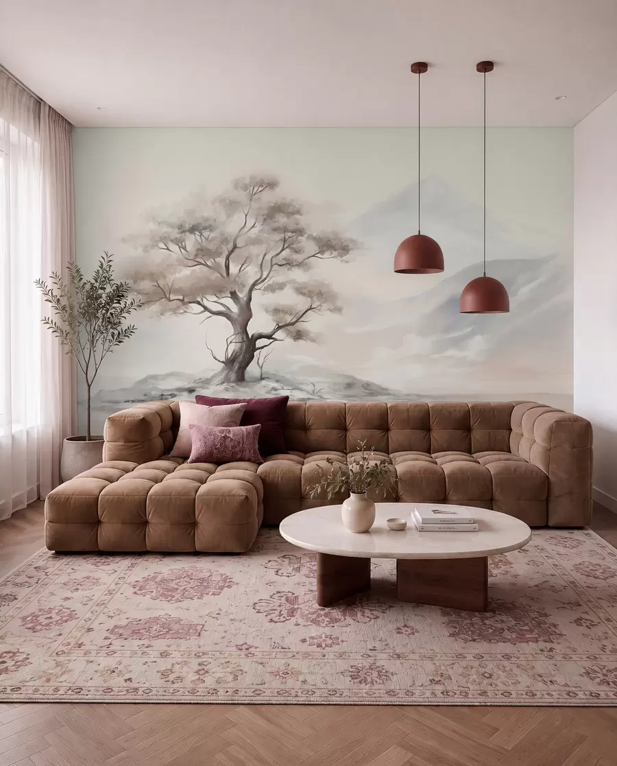 murales de pared Dibujo minimalista de un árbol solitario y retorcido en un paisaje desolado y rocoso con montañas al fondo w08604