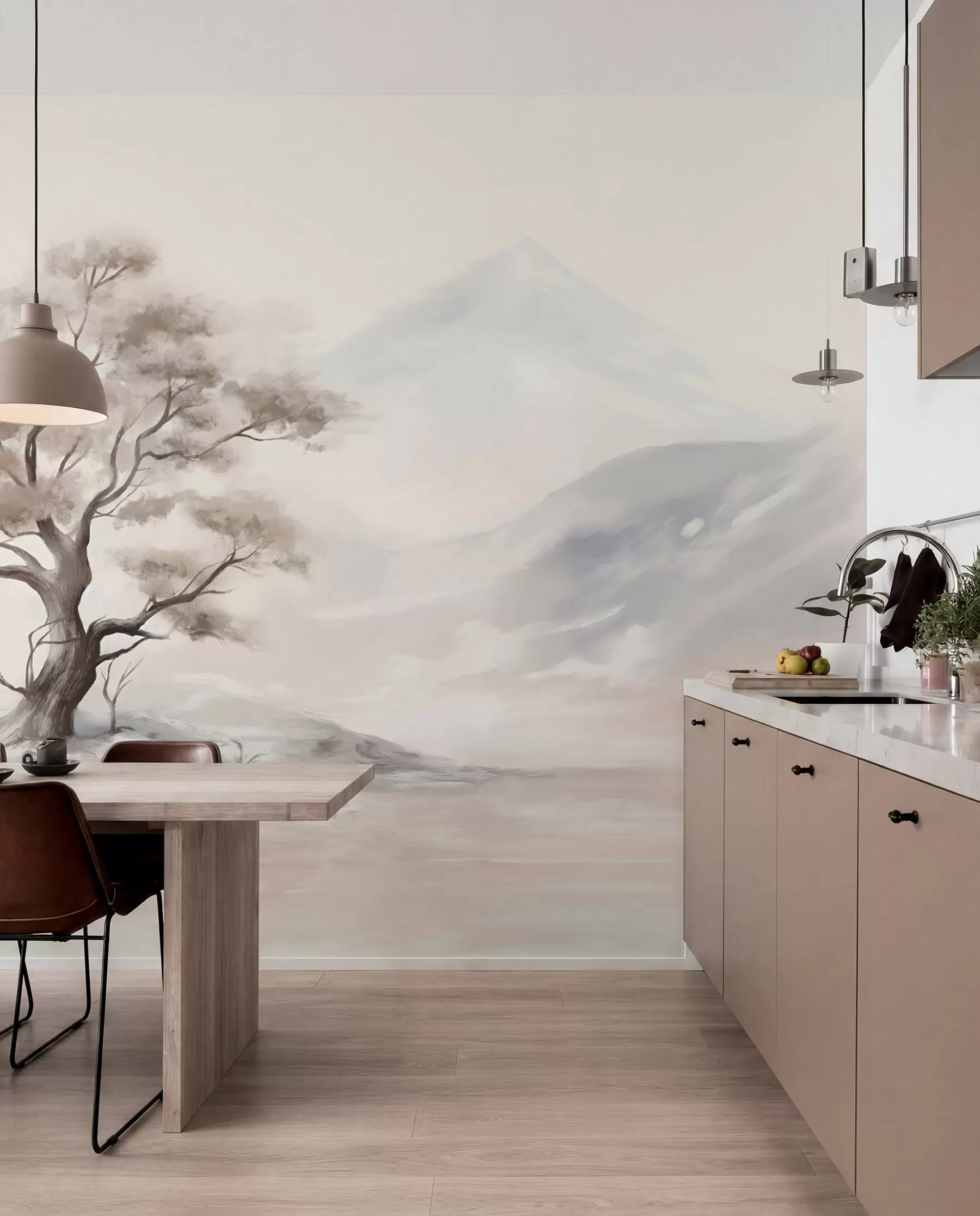 murales de pared Dibujo minimalista de un árbol solitario y retorcido en un paisaje desolado y rocoso con montañas al fondo w08604
