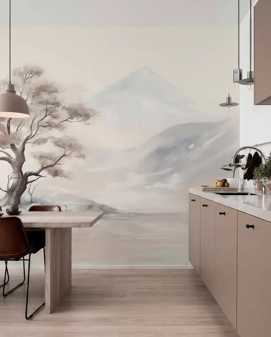 murales de pared Dibujo minimalista de un árbol solitario y retorcido en un paisaje desolado y rocoso con montañas al fondo w08604