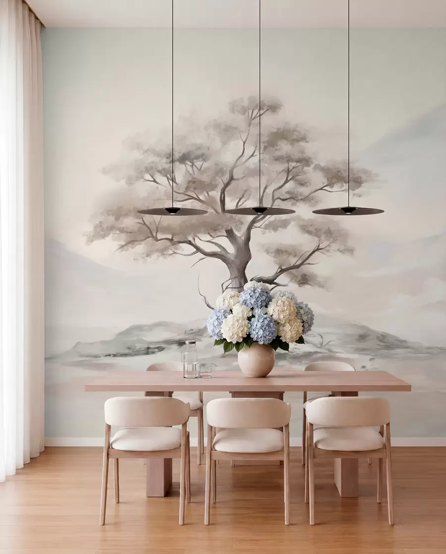 murales de pared Dibujo minimalista de un árbol solitario y retorcido en un paisaje desolado y rocoso con montañas al fondo w08604