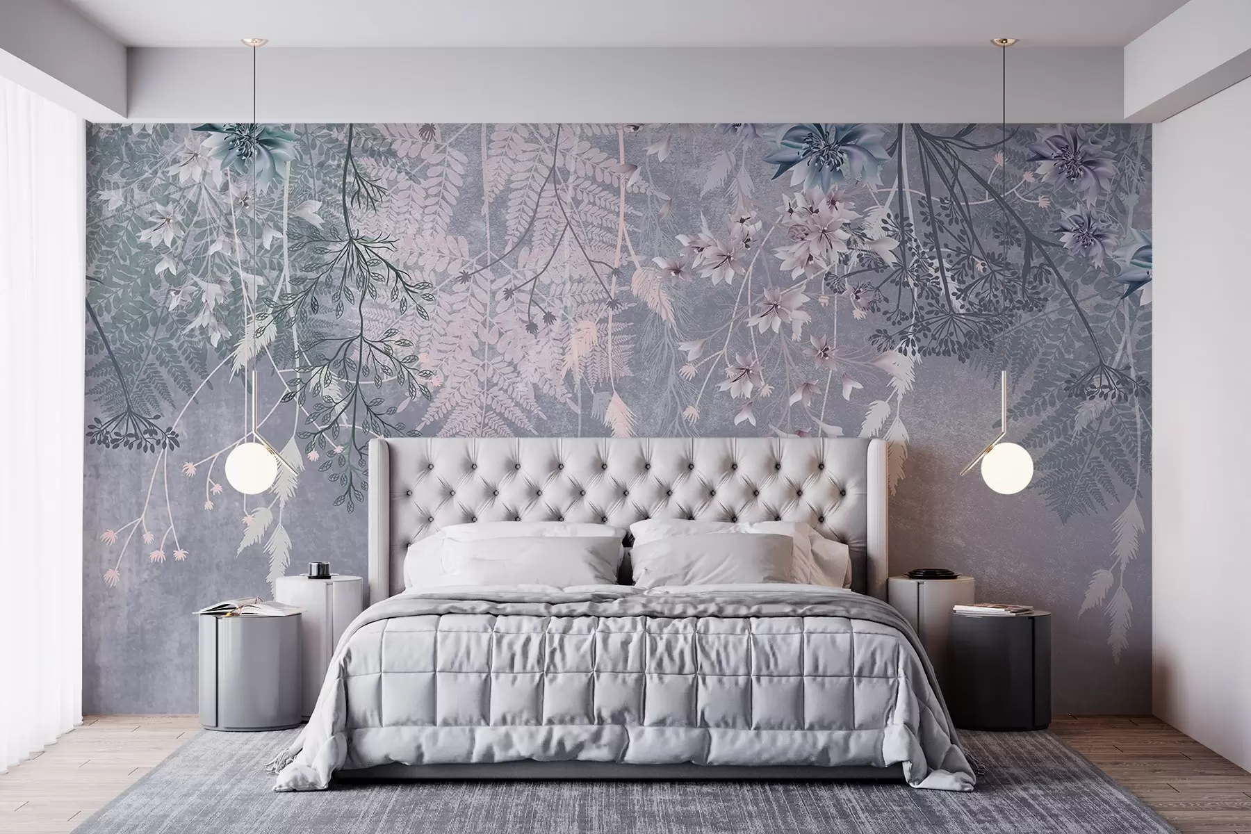 murales de pared Unas plantas de ensueño, delicadas y tenues, espiguillas y flores en colores pastel azulados sobre un fondo brumoso y texturizado w08606