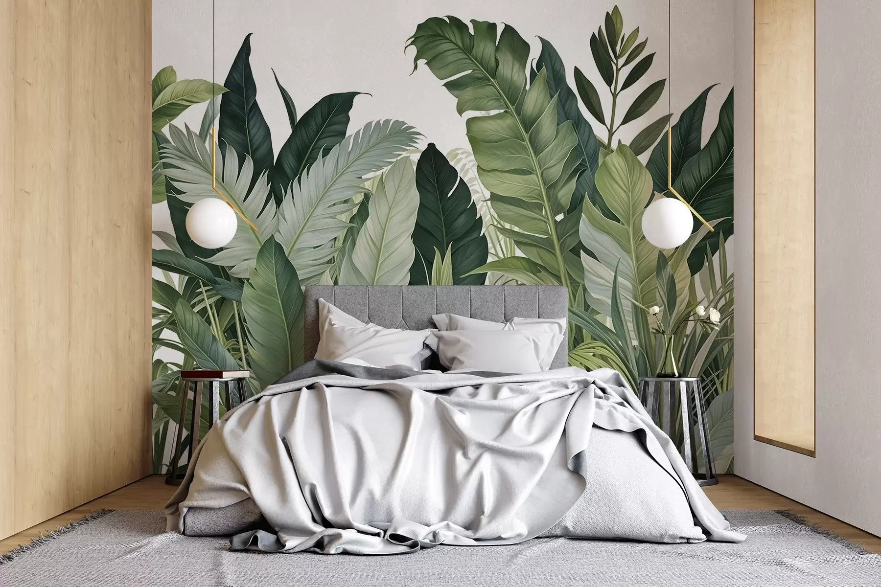 murales de pared Follaje tropical con varias hojas verdes grandes, incluidas hojas de plátano, hojas de palmera y otras especies de plantas exóticas w08609
