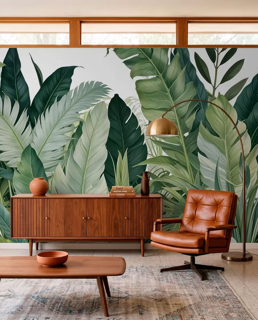murales de pared Follaje tropical con varias hojas verdes grandes, incluidas hojas de plátano, hojas de palmera y otras especies de plantas exóticas w08609