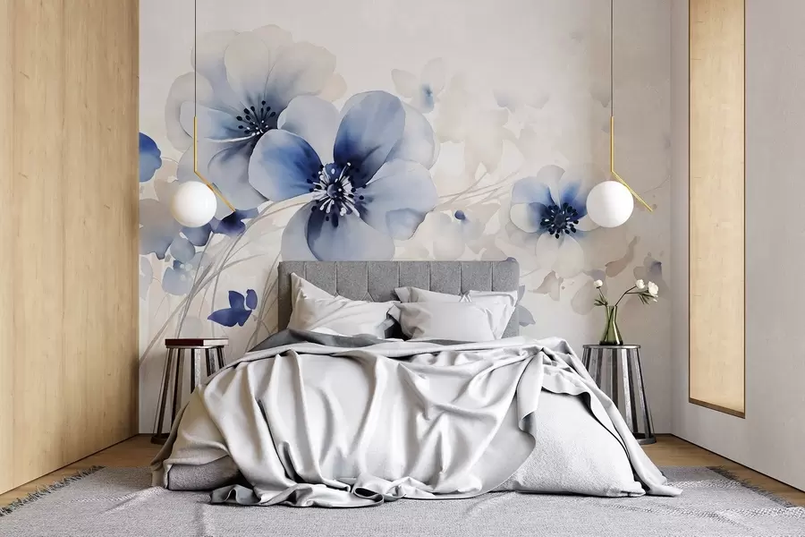 murales de pared Delicadas flores azules y blancas en forma de acuarela con suaves pétalos y fondo difuminado w08610