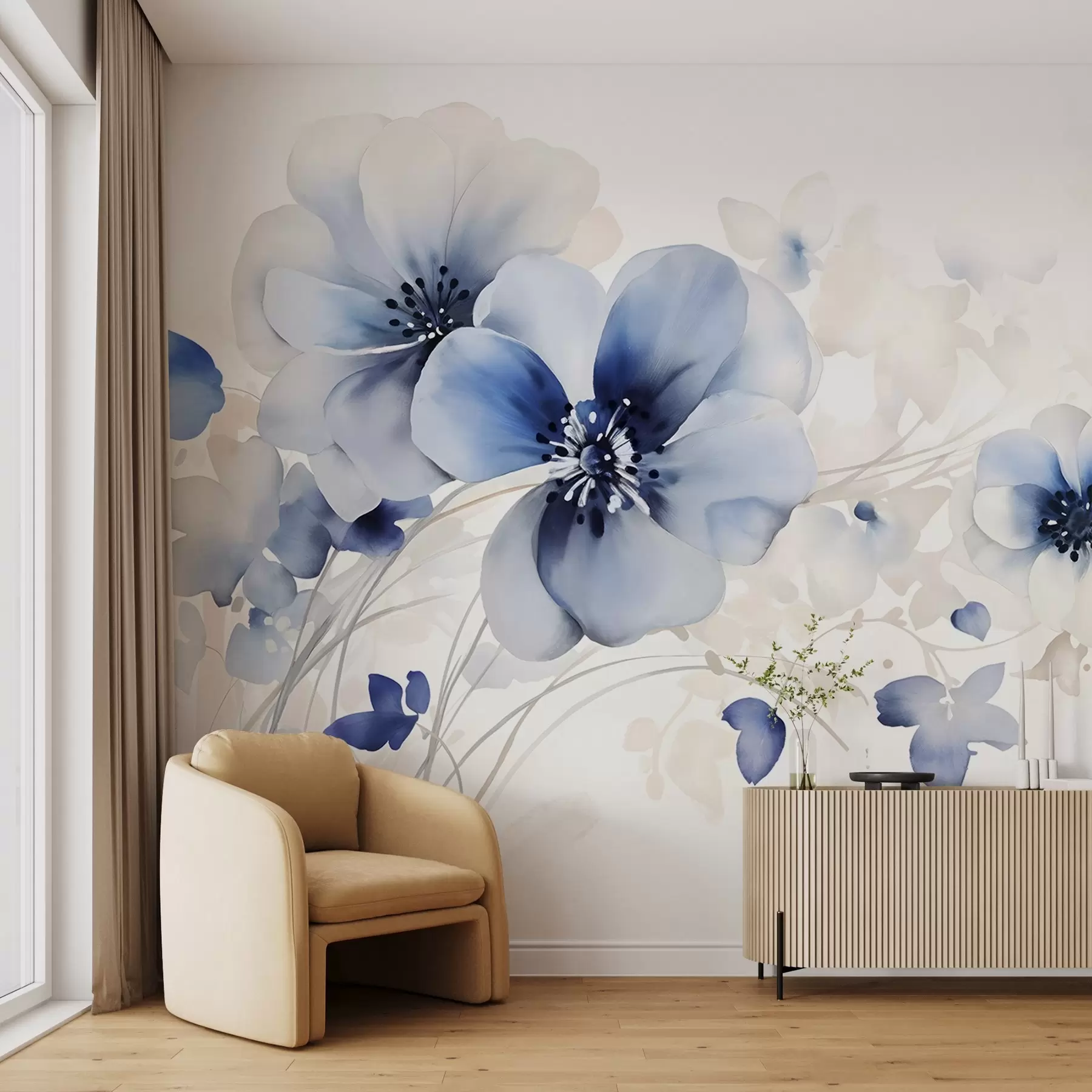 murales de pared Delicadas flores azules y blancas en forma de acuarela con suaves pétalos y fondo difuminado w08610