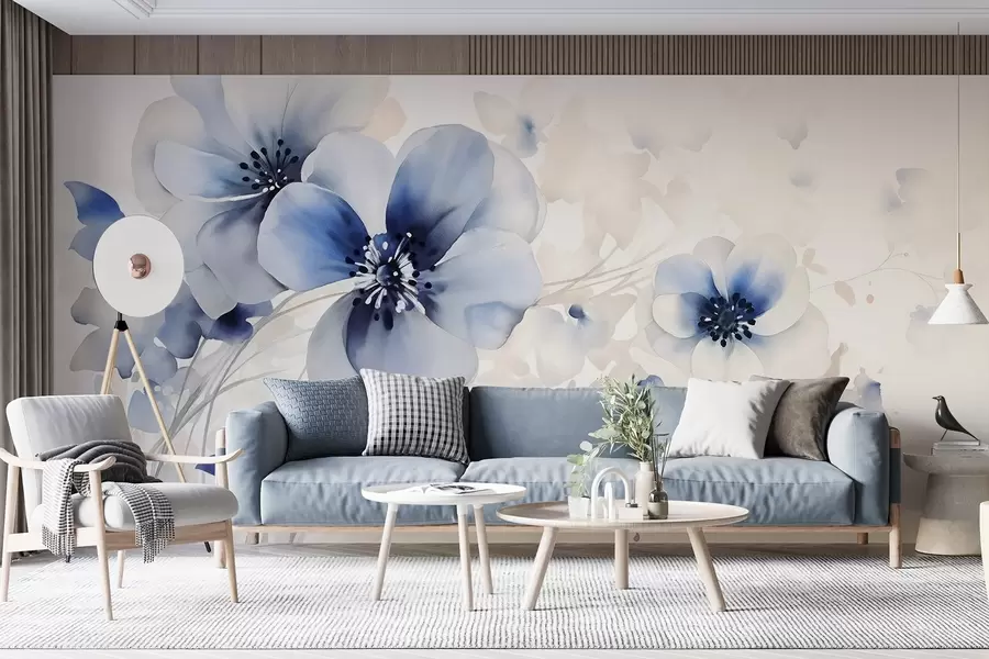 murales de pared Delicadas flores azules y blancas en forma de acuarela con suaves pétalos y fondo difuminado w08610