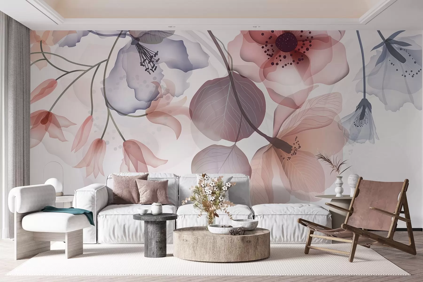 murales de pared Delicadas flores translúcidas rosas y grises con pétalos suaves y centros oscuros, sobre un fondo claro w08613