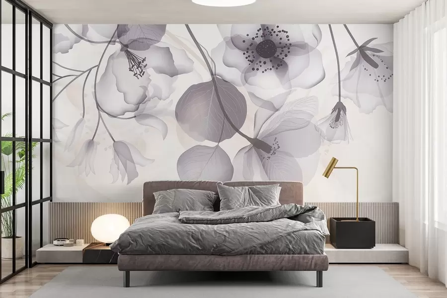 murales de pared Delicadas flores translúcidas grises y beige con pétalos suaves y centros oscuros, sobre un fondo claro w08613v2