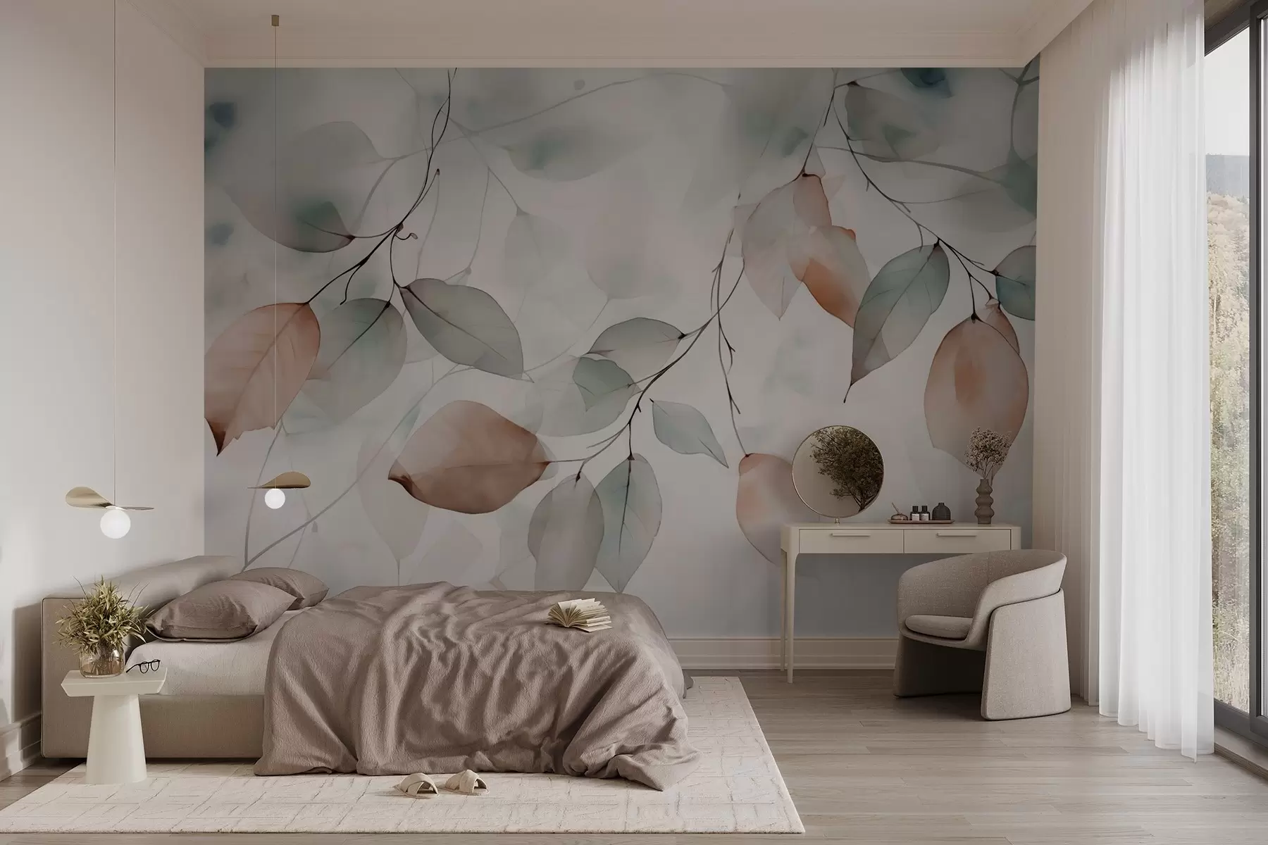 murales de pared Ramas abstractas con hojas en estilo acuarela w02718