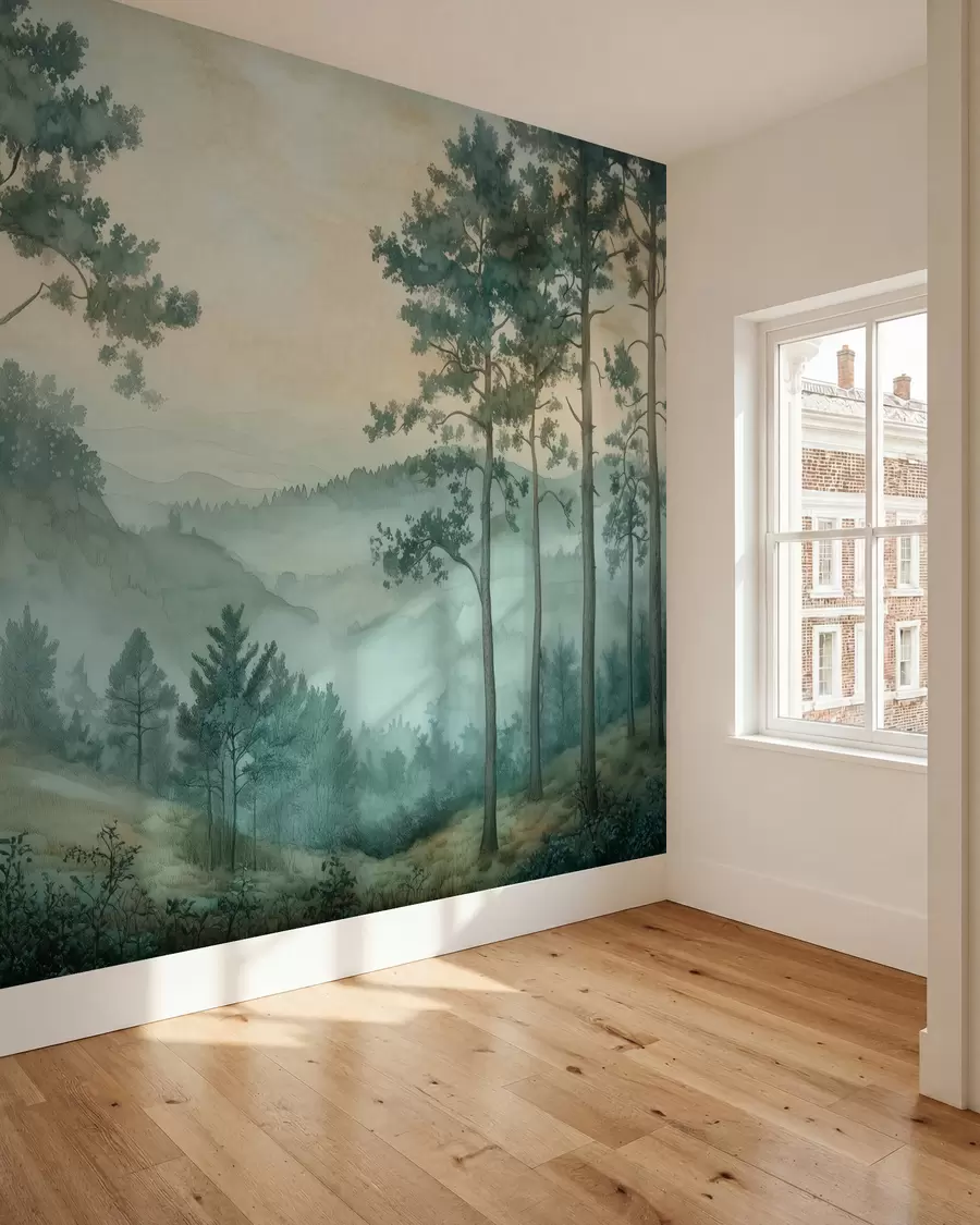 murales de pared panorama del bosque con colinas w02690