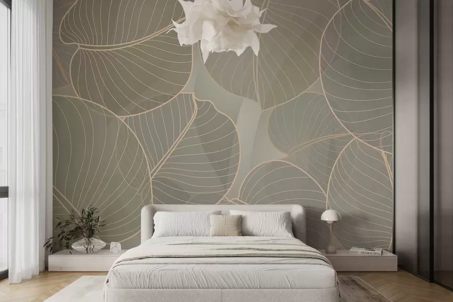 murales de pared follaje lineal del lirio de agosto en tonos beige w02768