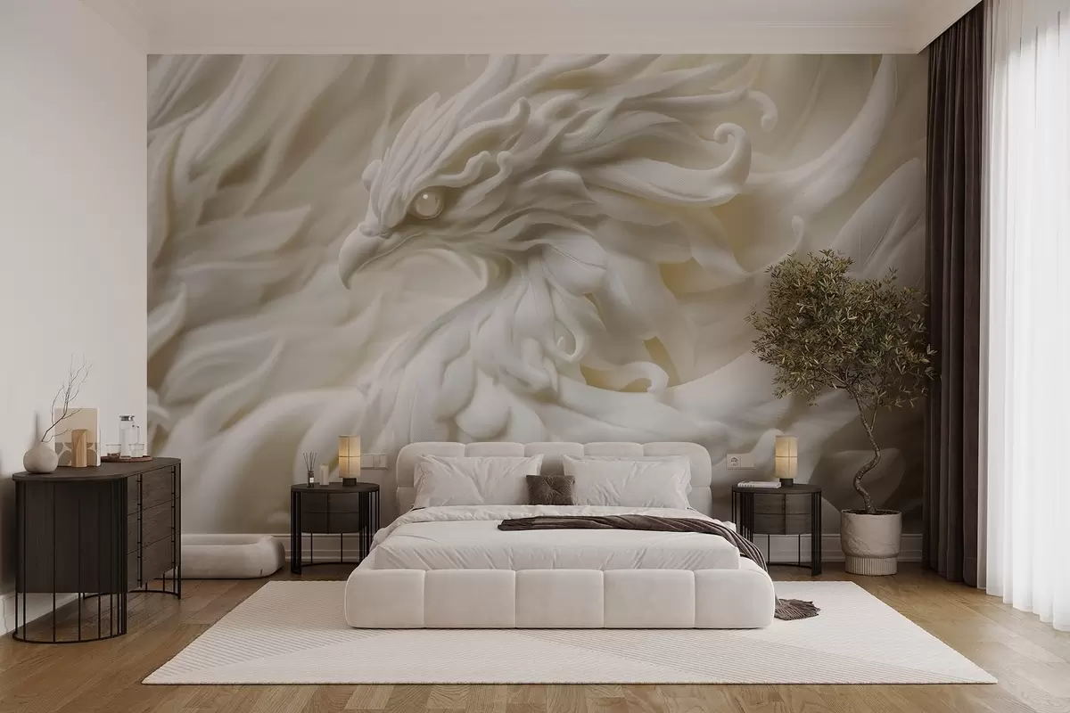 murales de pared Un pájaro con plumas largas de estilo estuco en tonos beige w08629