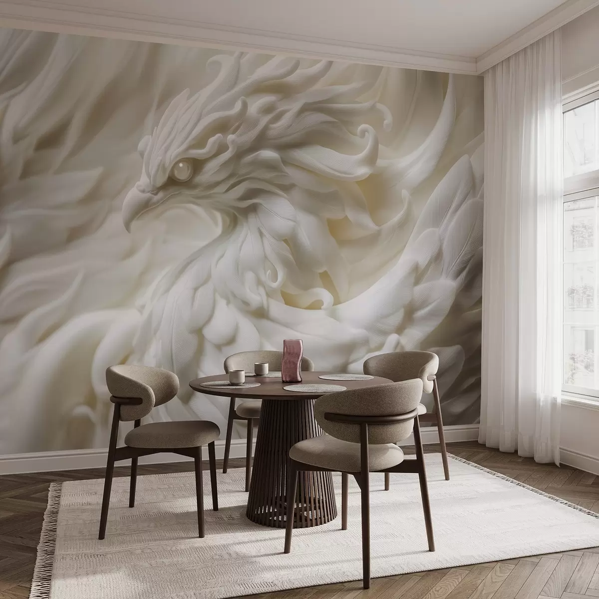 murales de pared Un pájaro con plumas largas de estilo estuco en tonos beige w08629