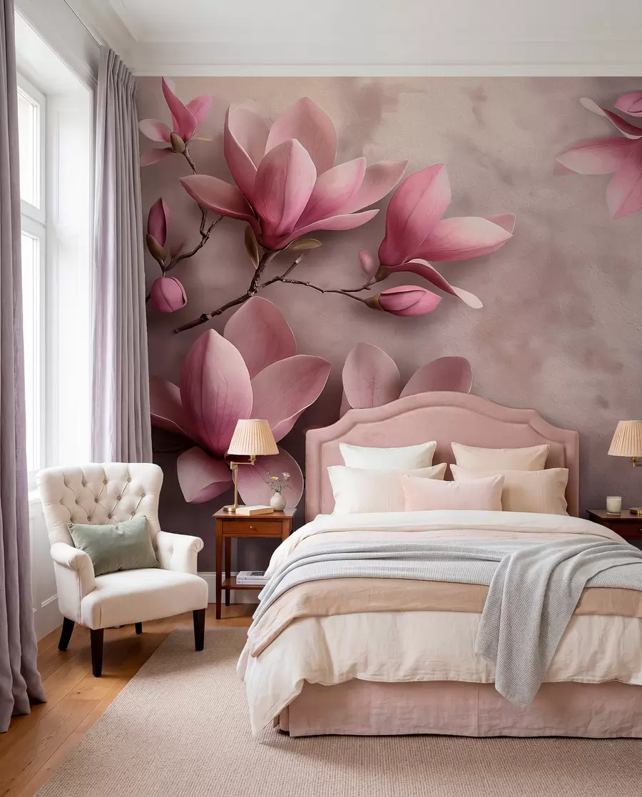 murales de pared Delicadas magnolias rosas sobre un muro de hormigón w08636
