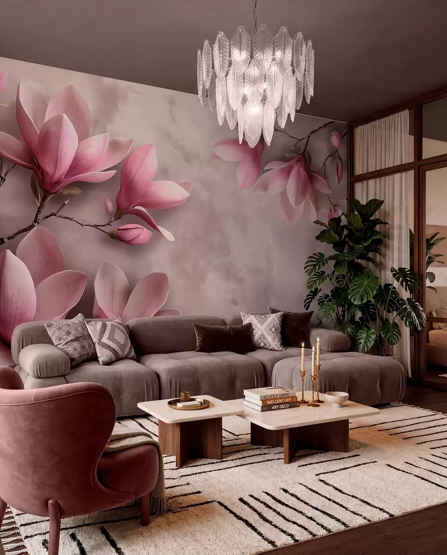 murales de pared Delicadas magnolias rosas sobre un muro de hormigón w08636