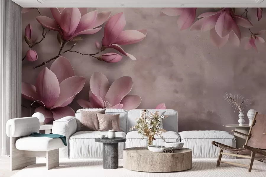 murales de pared Delicadas magnolias rosas sobre un muro de hormigón w08636