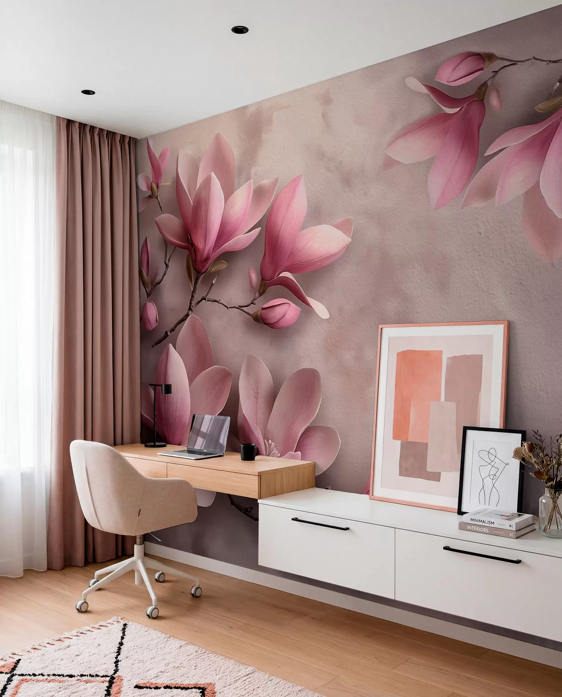 murales de pared Delicadas magnolias rosas sobre un muro de hormigón w08636