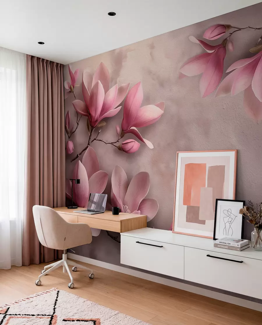 murales de pared Delicadas magnolias rosas sobre un muro de hormigón w08636