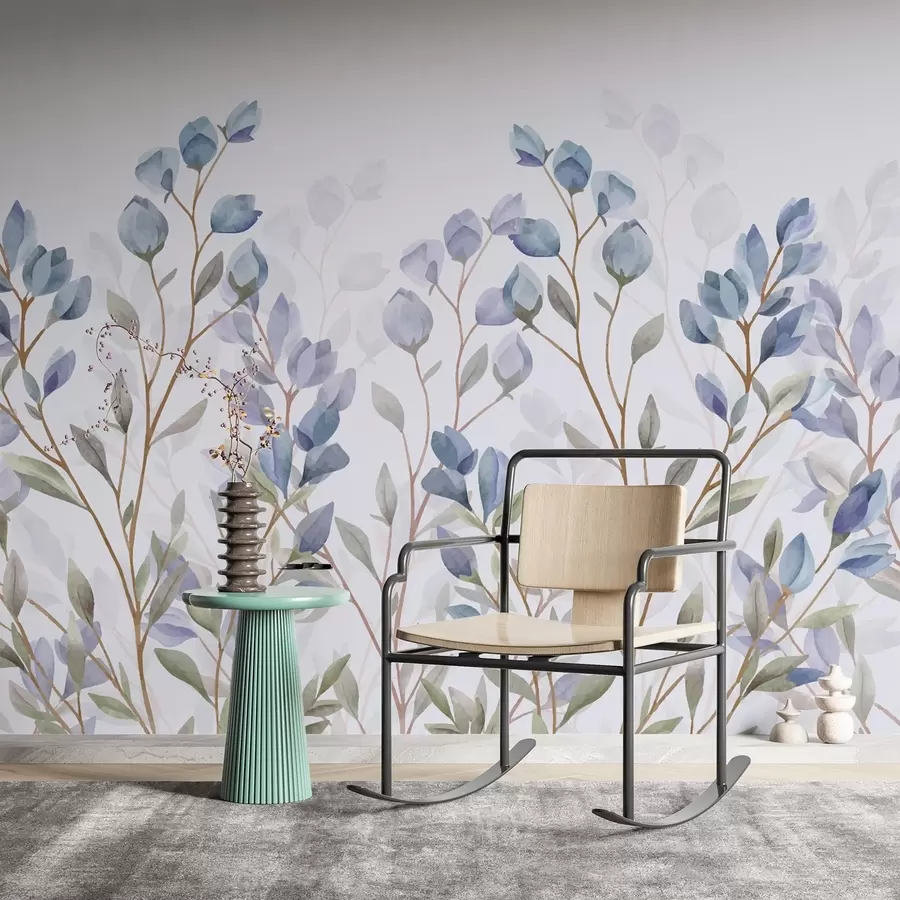 murales de pared ramas con hojas azules w02811