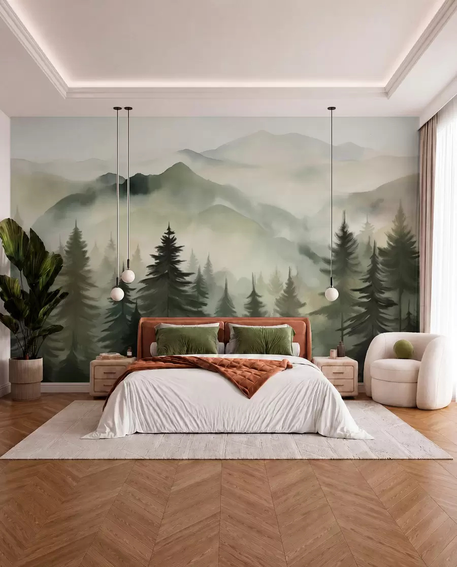 murales de pared Paisaje de montaña con un bosque de pinos y montañas en capas durante el amanecer con niebla ligera acuarela imitación arte w08639