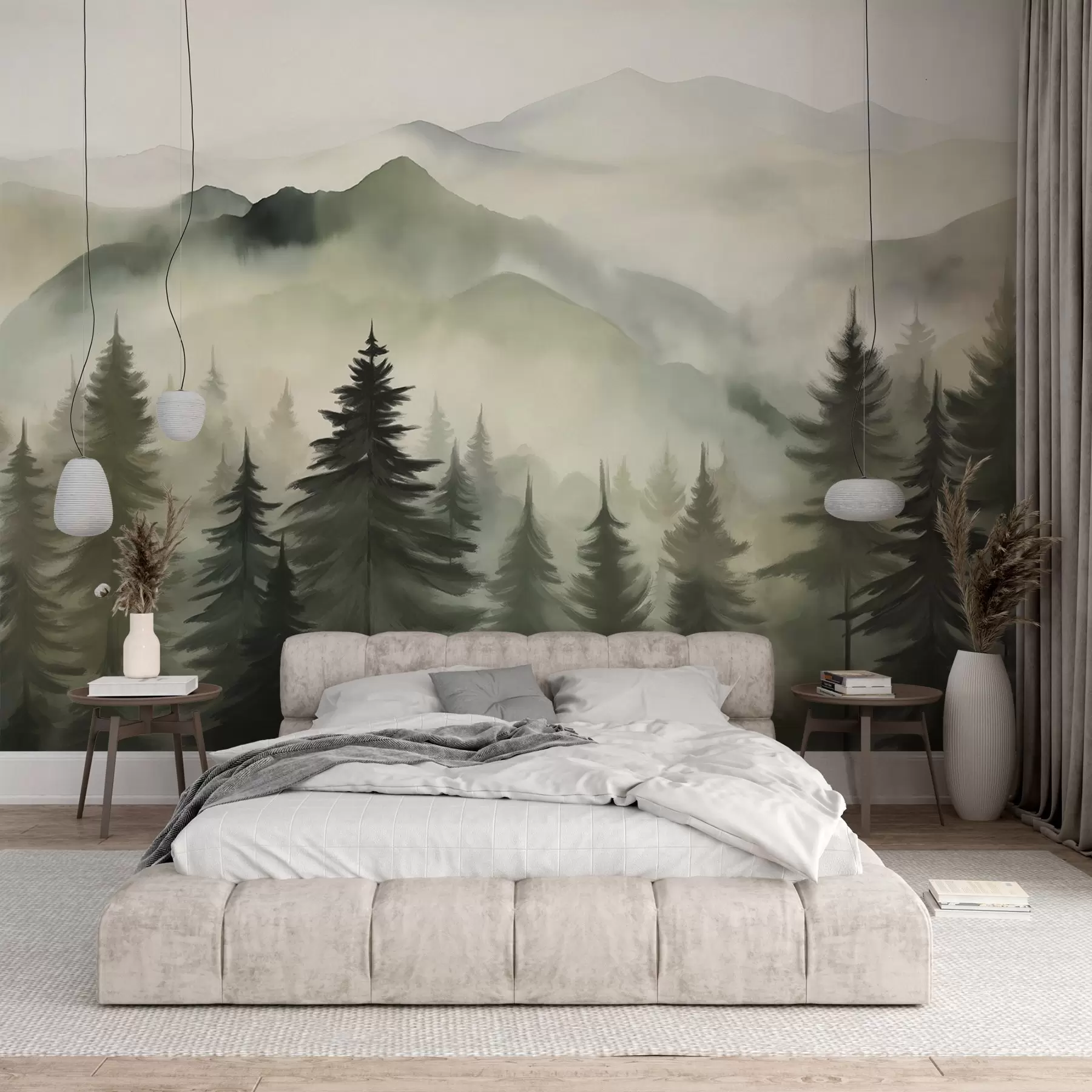 murales de pared Paisaje de montaña con un bosque de pinos y montañas en capas durante el amanecer con niebla ligera acuarela imitación arte w08639