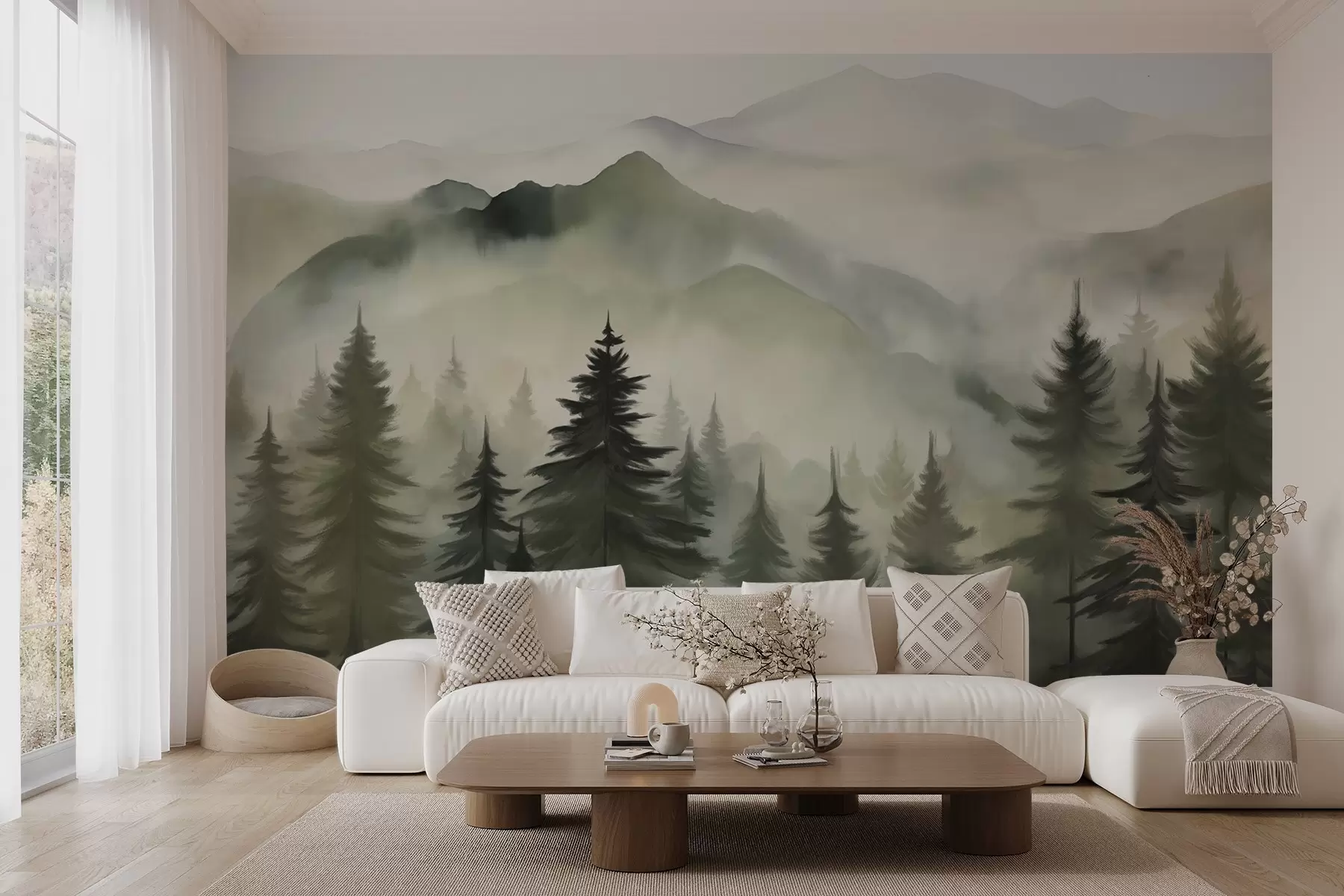 murales de pared Paisaje de montaña con un bosque de pinos y montañas en capas durante el amanecer con niebla ligera acuarela imitación arte w08639