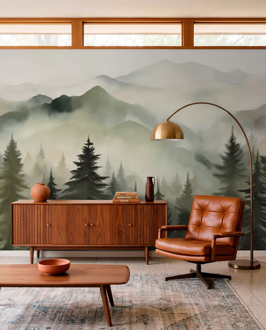 murales de pared Paisaje de montaña con un bosque de pinos y montañas en capas durante el amanecer con niebla ligera acuarela imitación arte w08639
