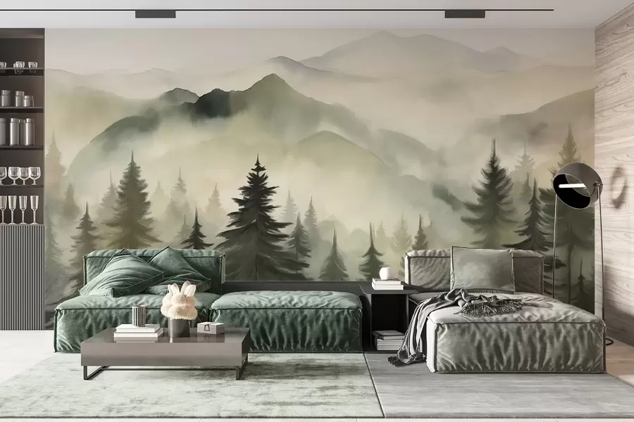 murales de pared Paisaje de montaña con un bosque de pinos y montañas en capas durante el amanecer con niebla ligera acuarela imitación arte w08639