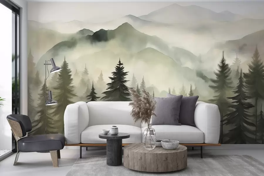 murales de pared Paisaje de montaña con un bosque de pinos y montañas en capas durante el amanecer con niebla ligera acuarela imitación arte w08639
