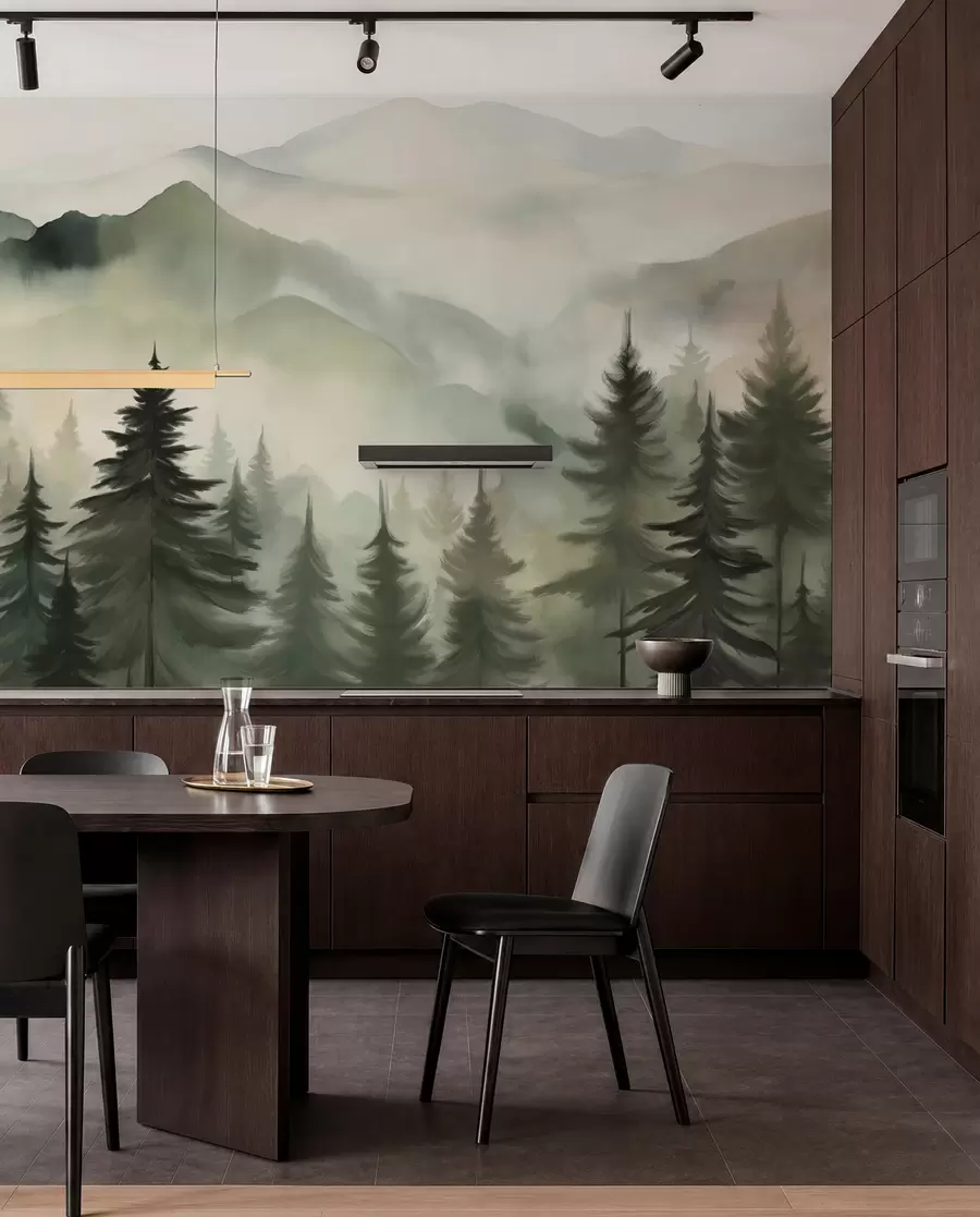 murales de pared Paisaje de montaña con un bosque de pinos y montañas en capas durante el amanecer con niebla ligera acuarela imitación arte w08639