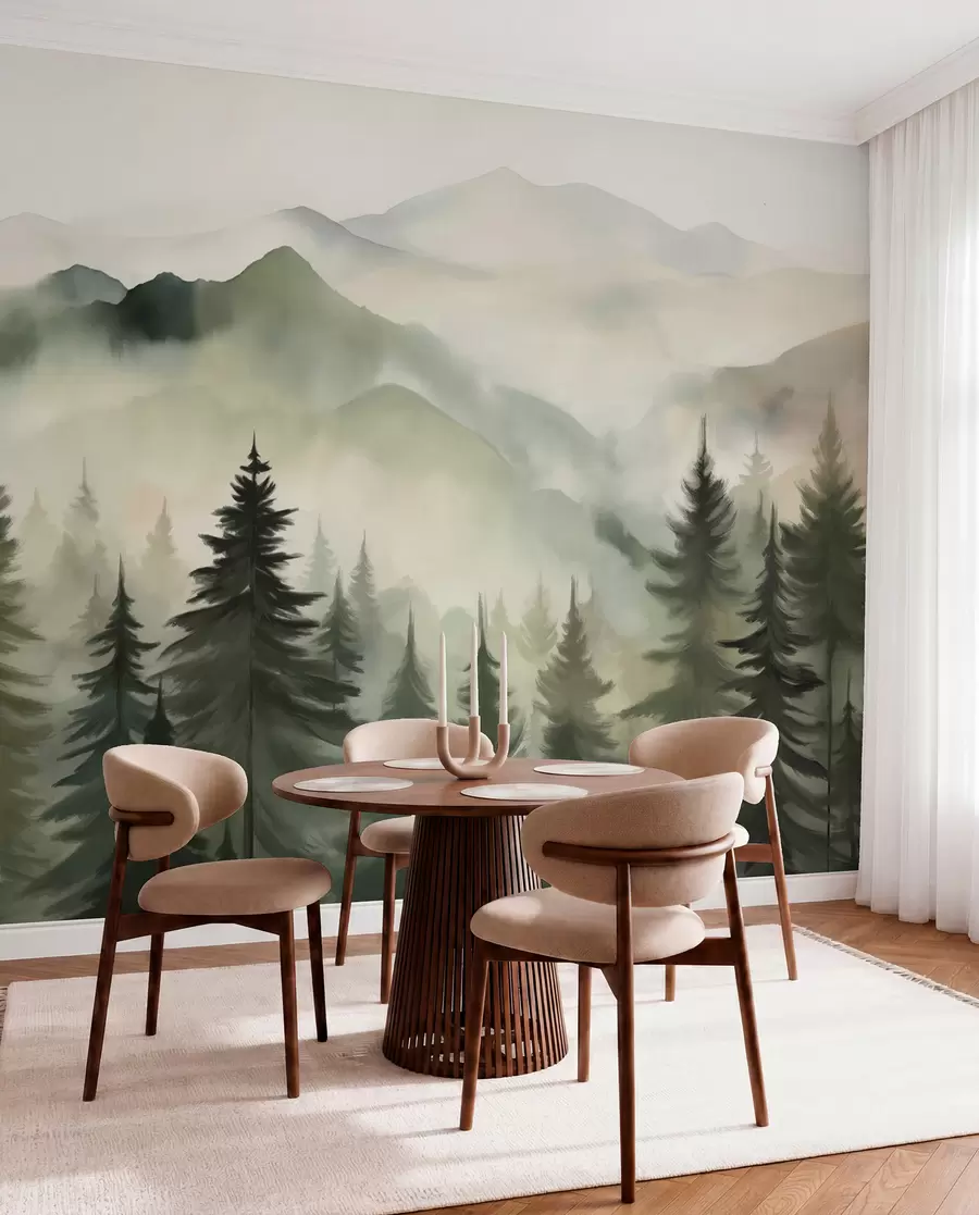 murales de pared Paisaje de montaña con un bosque de pinos y montañas en capas durante el amanecer con niebla ligera acuarela imitación arte w08639