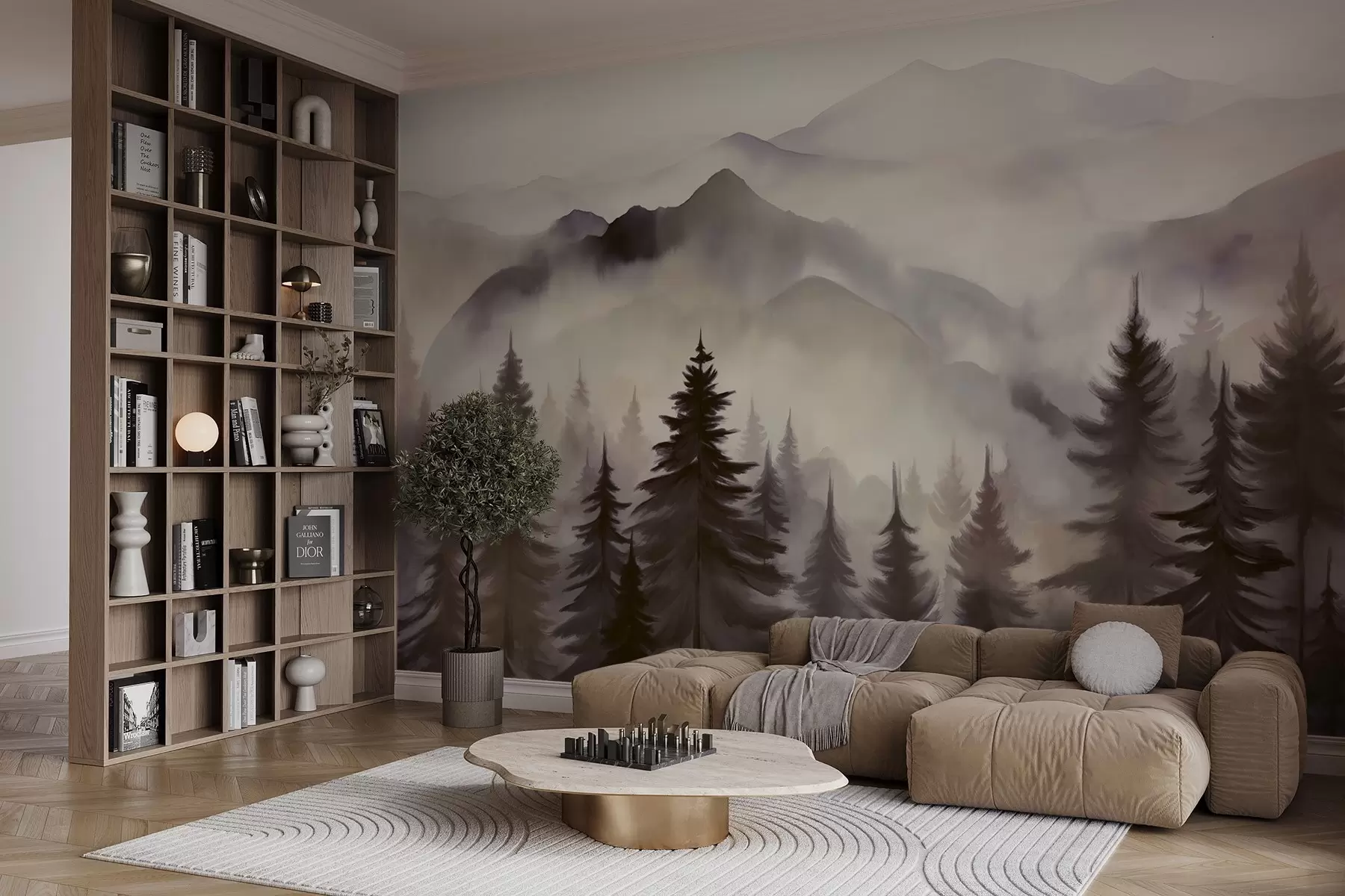 murales de pared Paisaje de montaña con un bosque de pinos y montañas en capas durante el amanecer con niebla ligera acuarela imitación arte w08639v1