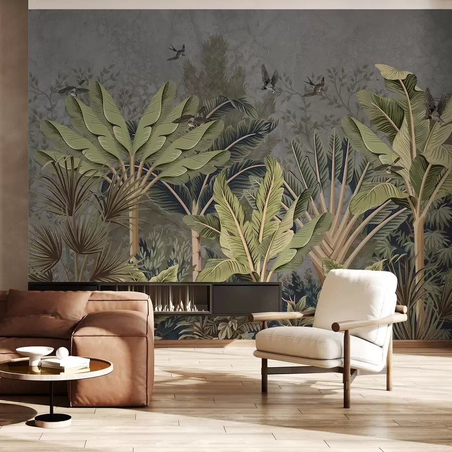 murales de pared Selva tropical con grandes hojas, hojas de palmera y follaje colorido en primer plano sobre un fondo texturizado w08641
