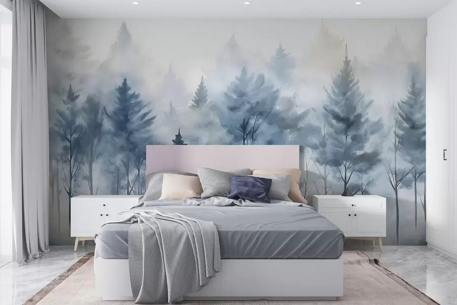 murales de pared Un paisaje de bosque brumoso con altos pinos y árboles caducifolios desnudos en primer plano acuarela imitación arte w08643
