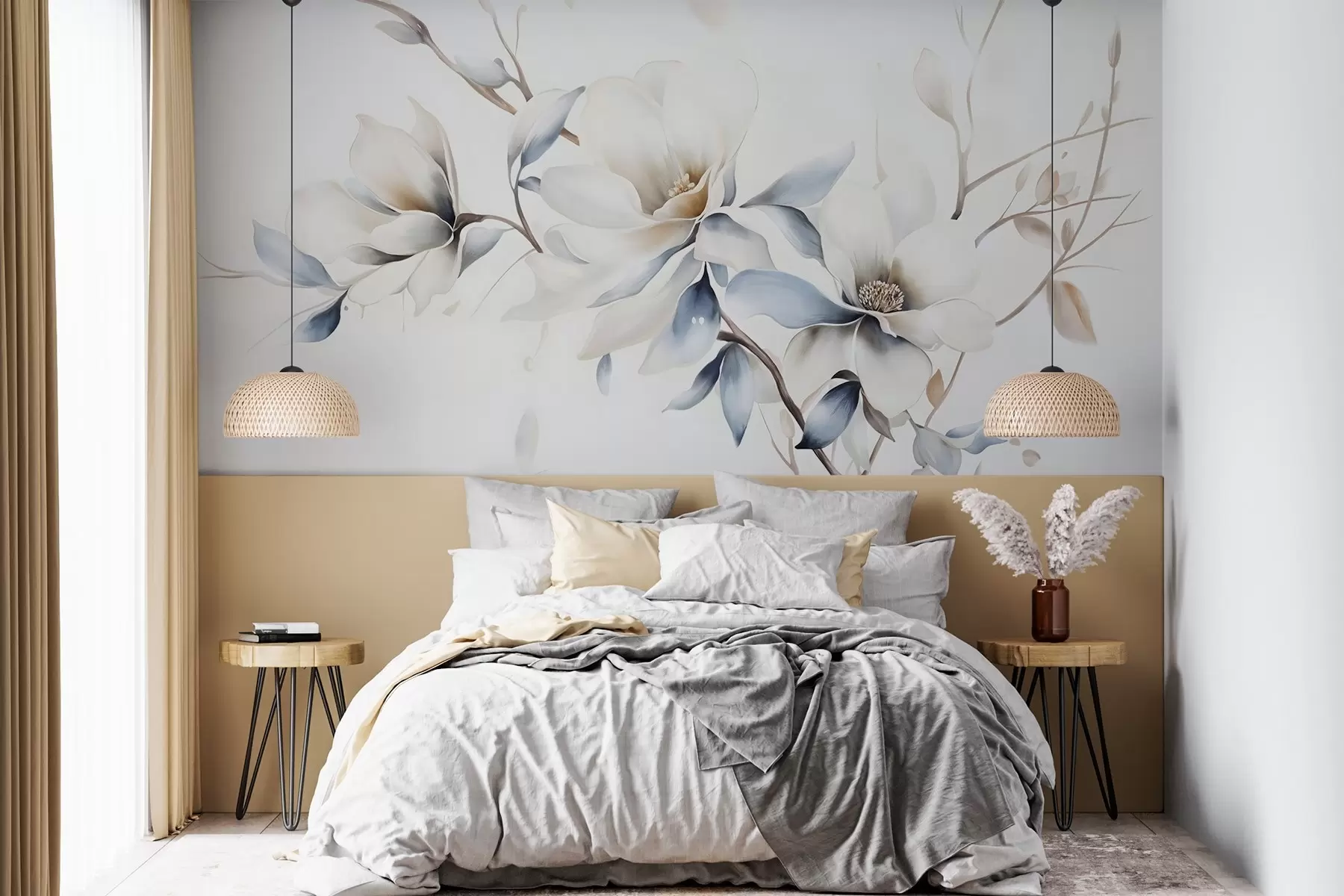 murales de pared Delicadas flores blancas de magnolia con suaves pétalos azules sobre un fondo claro acuarela imitación minimalismo w08644