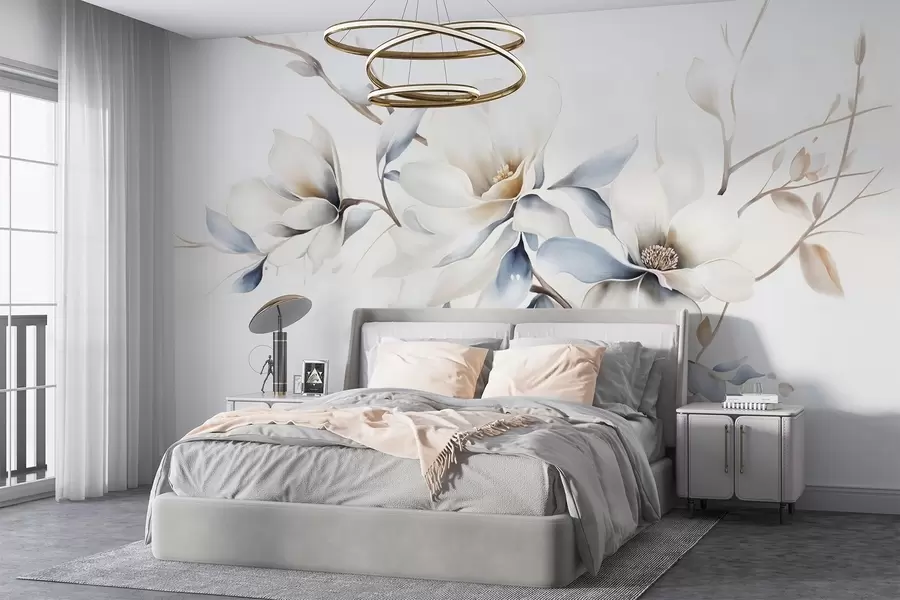 murales de pared Delicadas flores blancas de magnolia con suaves pétalos azules sobre un fondo claro acuarela imitación minimalismo w08644