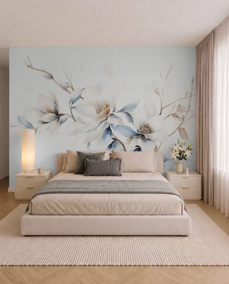 murales de pared Delicadas flores blancas de magnolia con suaves pétalos azules sobre un fondo claro acuarela imitación minimalismo w08644