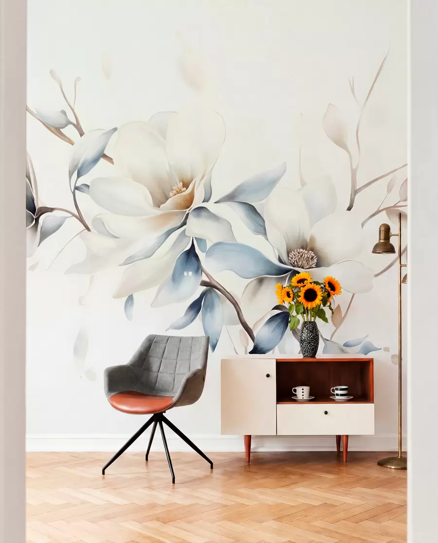 murales de pared Delicadas flores blancas de magnolia con suaves pétalos azules sobre un fondo claro acuarela imitación minimalismo w08644