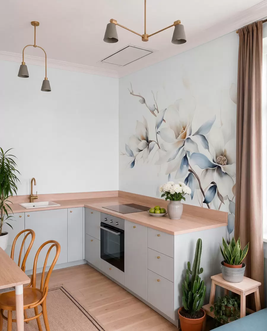 murales de pared Delicadas flores blancas de magnolia con suaves pétalos azules sobre un fondo claro acuarela imitación minimalismo w08644