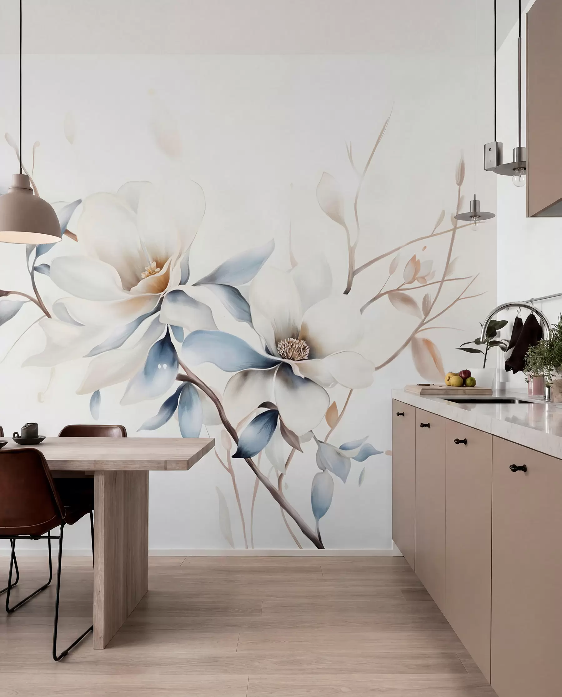 murales de pared Delicadas flores blancas de magnolia con suaves pétalos azules sobre un fondo claro acuarela imitación minimalismo w08644
